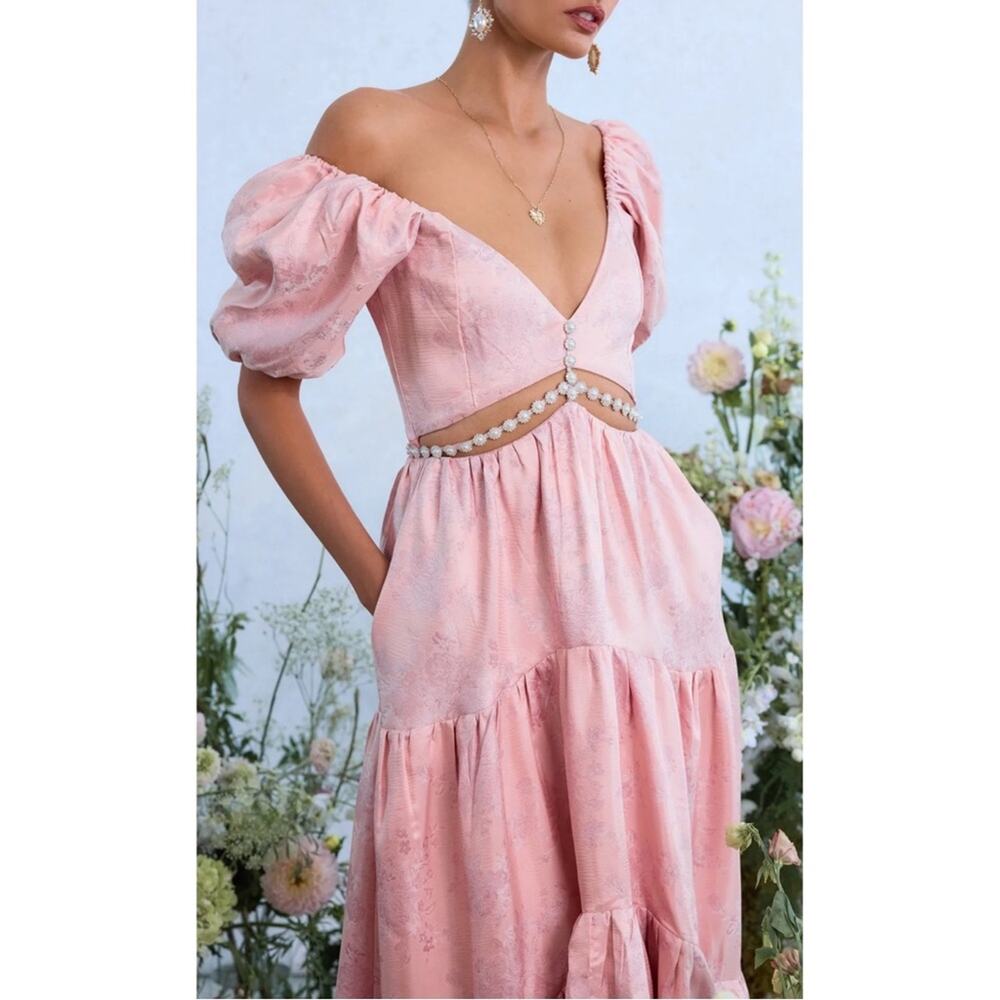 V. CHAPMAN Emma Crystal Embellished Cutout Floral Brocade Pink Maxi Dress Sz 4 - Picture 2 of 10